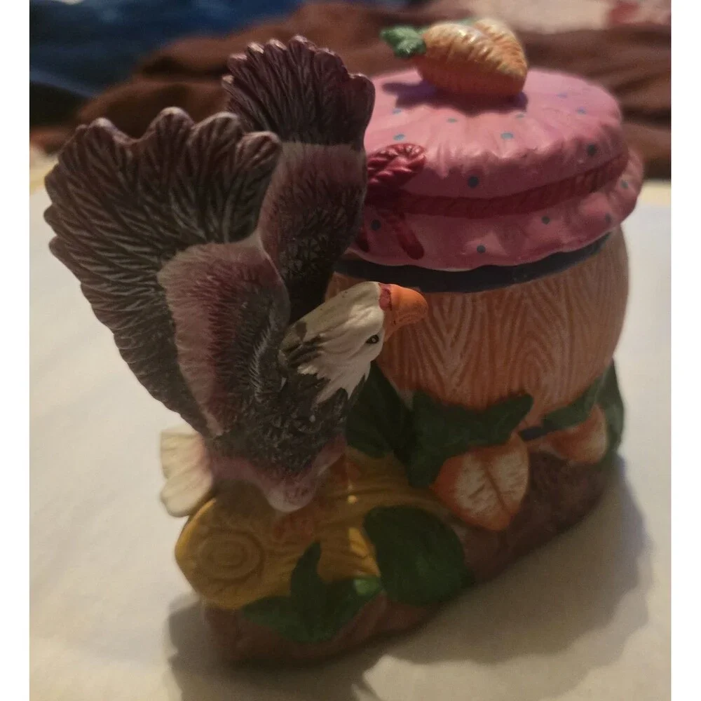 Vintage Ceramic Eagle & Strawberry Sugar Bowl With Lid Kitchen Colorful Decor